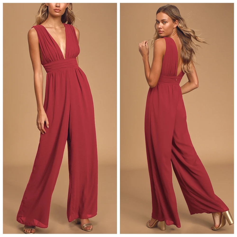 Lulus Divine Muse Burgundy Wide-Leg Jumpsuit | Size S | NWT